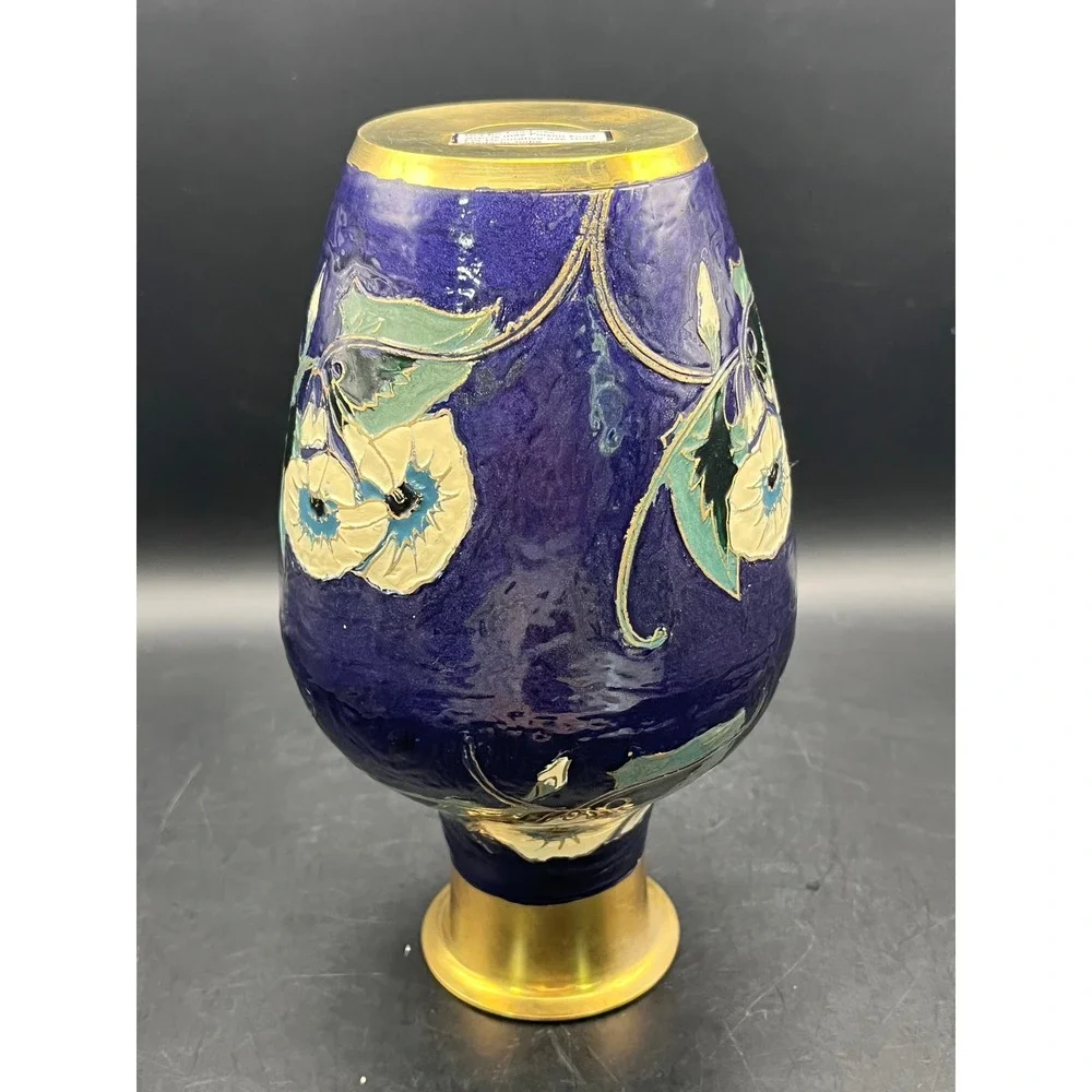 Vtg Cloisonne Enameled Indian Brass Vase‎ Cobalt Blue 8